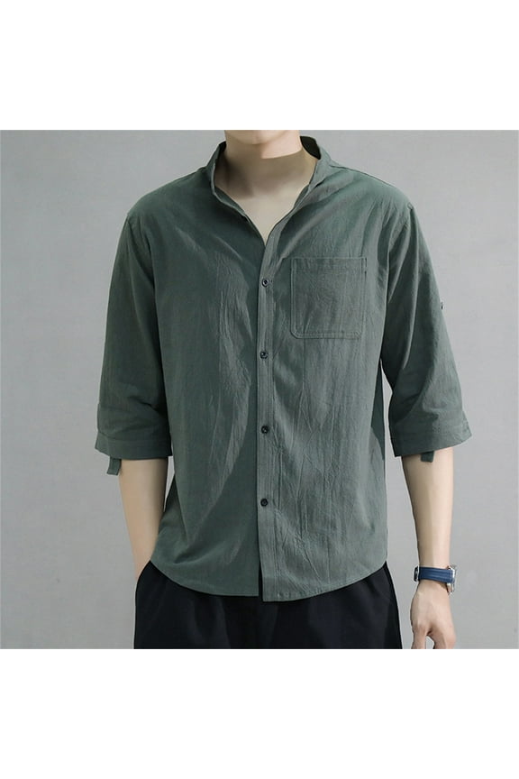 Under $5 Clothing,POROPL Linen Short Sleeve Stand-up Collar Button Up Shirt for Men Green Size M