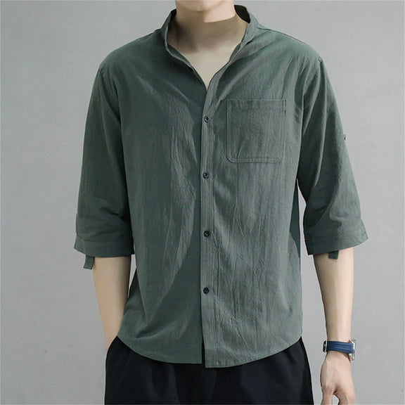 Under $5 Clothing,POROPL Linen Short Sleeve Stand-up Collar Button Up Shirt for Men Green Size M