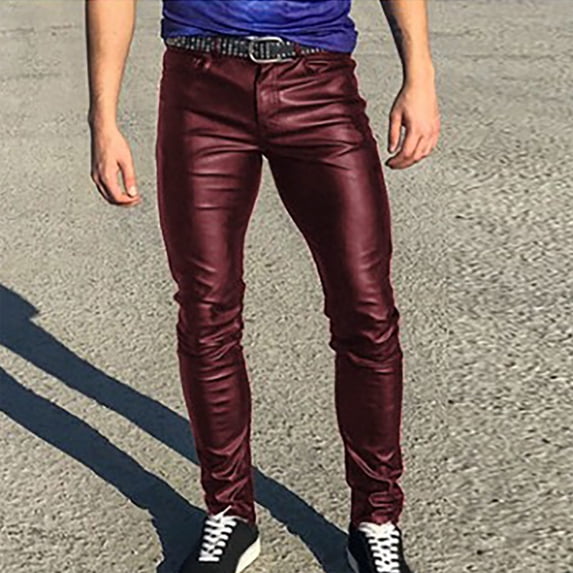 Clearance Under $5 Clothing fors,AXXD Punk Retro Gothic Slim Fit Pants Solid Leather Full Pants Mens Dress Pants Wine 6