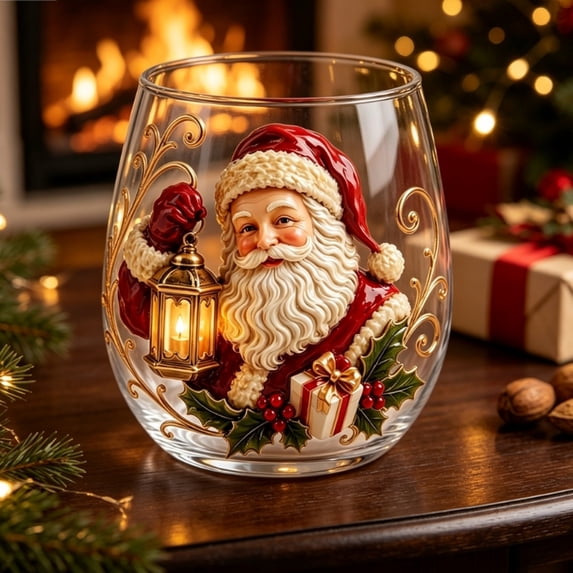 Clearance Under $5 Festive Patterned Stemless Wine Glass, Christmas Drinking Cup for Seasonal Decor and Entertaining