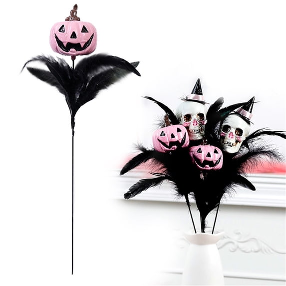 Clearance Under $5 | Gothic Skeleton and Pumpkin Vase Picks with Black Feathers – 18 Inch Halloween Decor (Pink Pumpkin)