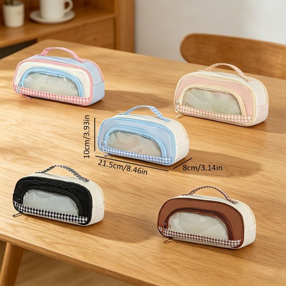 Clearance Under $5 | Plaid-Trim Pencil Pouch with PVC Window and Hand Strap, Multi-Layer Stationery and Makeup Organizer