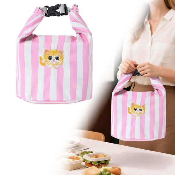 Clearance Under $5 Striped Insulated Lunch Bag Large Capacity Thermal Tote for Work School Picnic,1PC,Pink