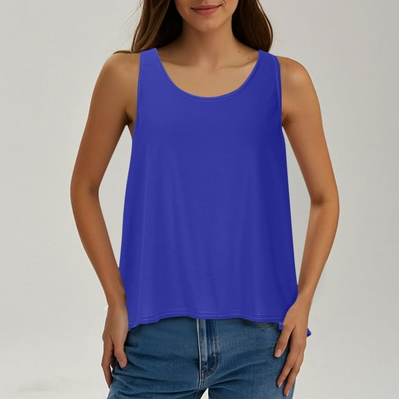 Women's Sleeveless Tops Women's New Solid Color Round Neck Back Slit Casual Top T-shirt Blue S
