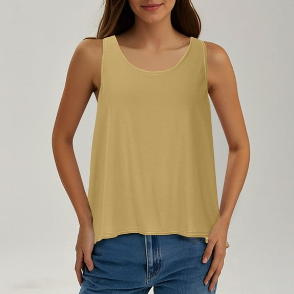 Women's Sleeveless Tops Women's New Solid Color Round Neck Back Slit Casual Top T-shirt Khaki S
