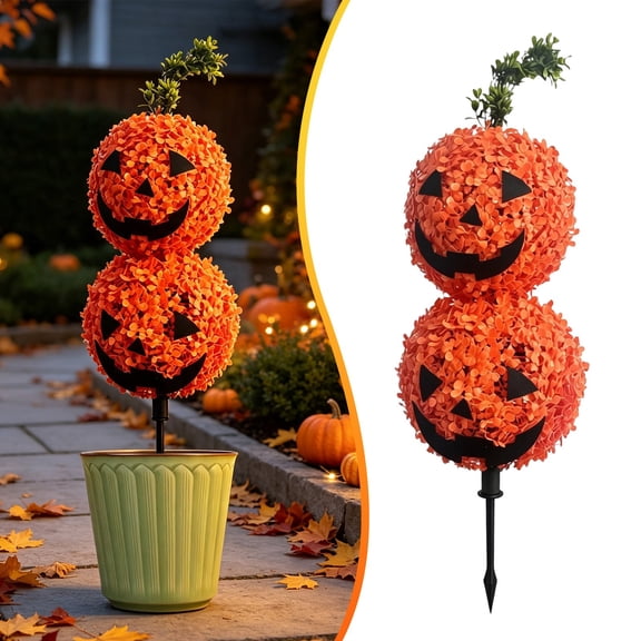 Clearance Under $50.39! Halloween Stacked Pumpkin Topiary Stake, Double Jack O Lantern Yard Decor for Porch Lawn