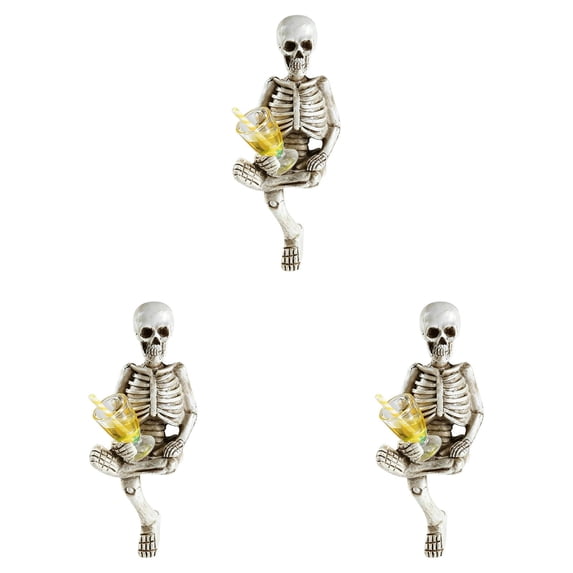 Clearance Under $6.4! 3 Pack Resin Skeleton Figurines with Juice Glass, 7.5in Halloween Mantel Decor