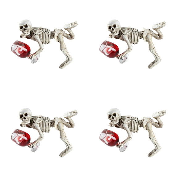 Clearance Under $9.5! 4 Pack Resin Skeleton Figurines with Wine Glass, 7.5in Halloween Mantel Decor
