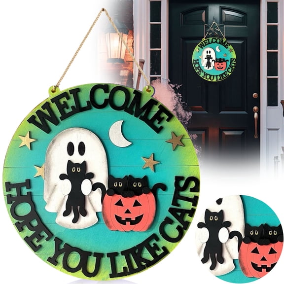 Clearance Under $9.99! 1 Pack Halloween Wooden Door Sign, Round Pumpkin & Ghost Decor, for Porch Holiday Hanging