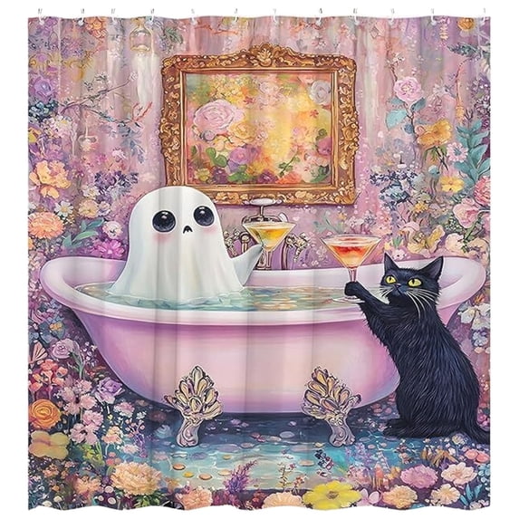 Clearance Under $9.99! 1PC 180x200cm Ghost Bathtub Shower Curtain, Dark Academia Halloween Bathroom Decor, Cloth, (180x200cm, Pink)