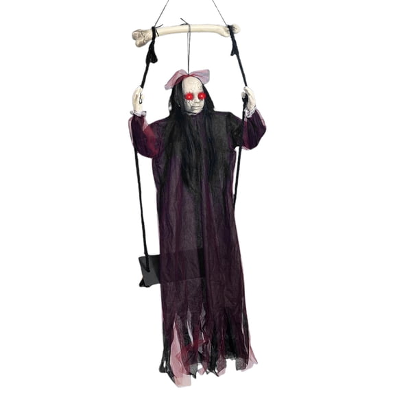 Clearance Under $9.99! 1PC Hanging Ghost Swing Prop, Voice-Activated Halloween Animatronic with Red Eyes & Sound, Plastic, (One Size, Black)
