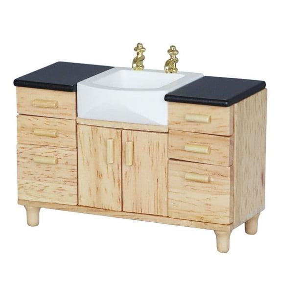 Clearance Under $9 Dollhouse Wash Basin Cabinet, 1:12 Scale Wooden Miniature Furniture with Sink and 2 Faucets, 1Set