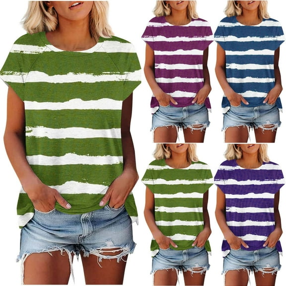 Uner 10$!Summer Plus Size Tops for Womens 2025 Fashion Casual Short Sleeve Round Neck Print Ladies Blouse