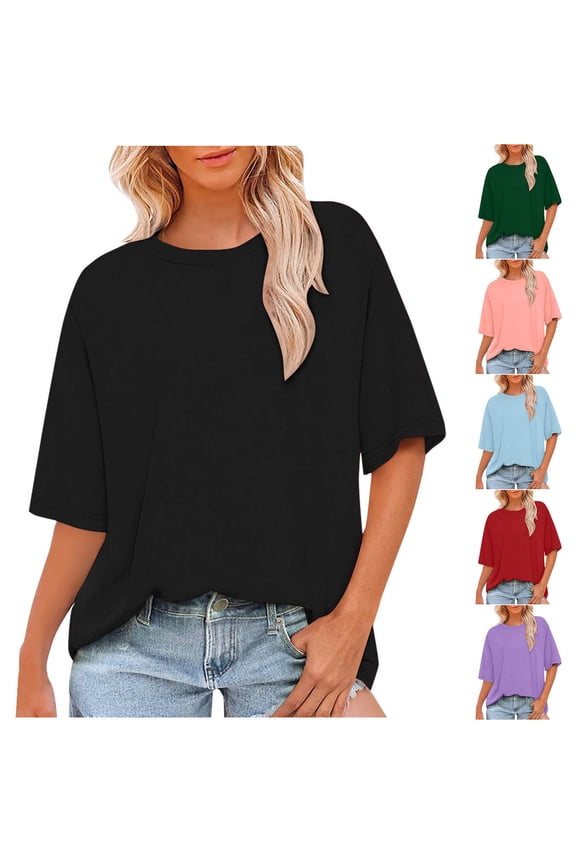 Uner 10$!Summer Plus Size Tops for Womens 2025 Fashion Casual Short Sleeve Solid Color Ladies Round Neck Top Blouse