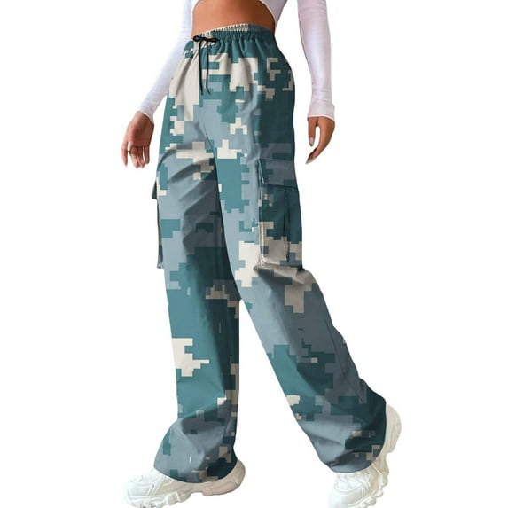 Clearance Unolxmxbk Cargo Pants Women's Casual Camouflage Print Cargo Pants Drawstring Stretch Elastic Waist Tapered Pants with Pockets Camo Pants Palazzo Pants for Women Sky Blue L