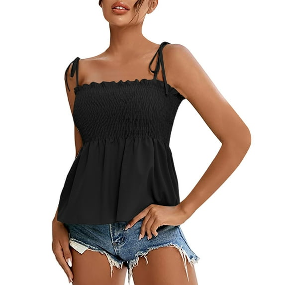 Uooqdmx Baby Doll Tank Tops for Women, Shirred Tops for Women, Peplum Tops for Women, Going Out Tops for Women, Camisole Tops for Women, Black S