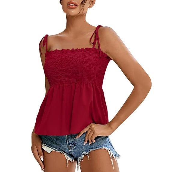 Uooqdmx Baby Doll Tank Tops for Women, Shirred Tops for Women, Peplum Tops for Women, Going Out Tops for Women, Camisole Tops for Women, Red L