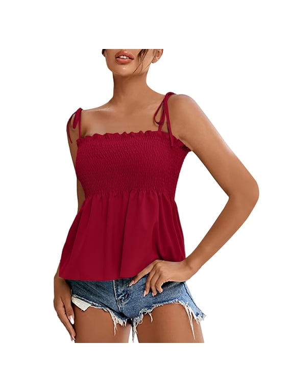 Baby Doll Tank Tops for Women, Shirred Tops for Women, Peplum Tops for Women, Going Out Tops for Women, Camisole Tops for Women, Red M