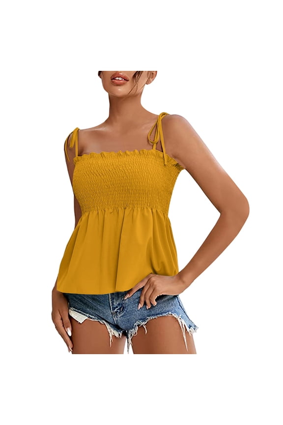 Baby Doll Tank Tops for Women, Shirred Tops for Women, Peplum Tops for Women, Going Out Tops for Women, Camisole Tops for Women, Yellow M