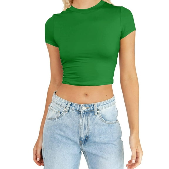 Uooqdmx Basic Tees for Women, Crop Tops for Women, Short Sleeve Shirts for Women, Fitted Shirts for Women, Plain T Shirts for Women, Army Green S