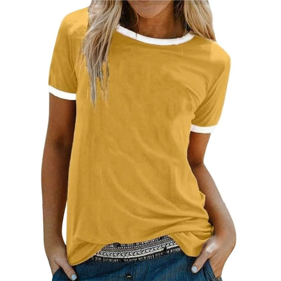 Uooqdmx Basic Tees for Women, Womens T Shirts Loose Fit, Cotton Shirts for Women, Crew Neck Tops Contrast Binding T Shirt Summer Tee, Women Plain Tshirt, Yellow S