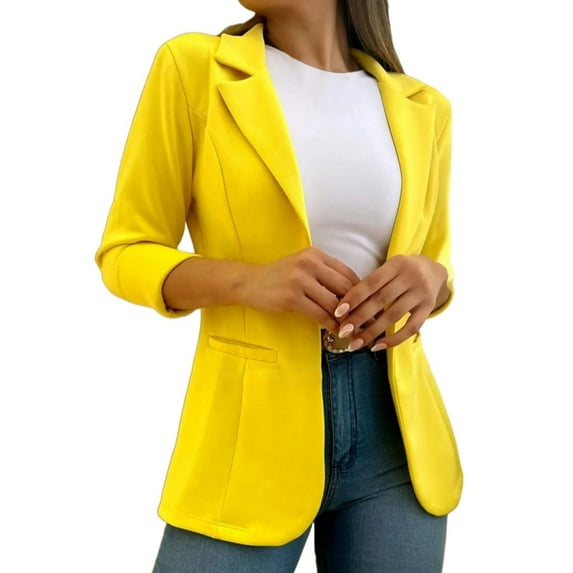 Uooqdmx Blazers for Women Suits Autumn and Winter Solid Color Simple Long Sleeve Suit Collar Coat Blazers for Women Business Casual Yellow M