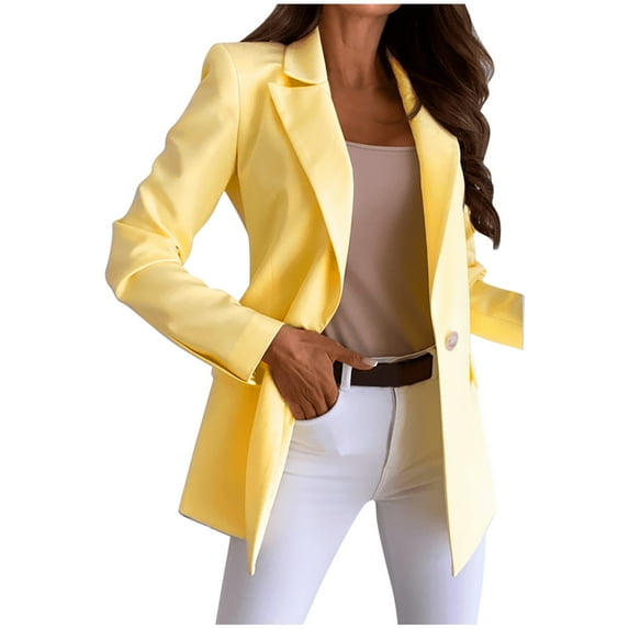 Uooqdmx Blazers for Women Suits Casual Solid Single Button Lapel Long Sleeve Slim Suit Temperament Coat for Ladies Blazers for Women Business Casual Yellow L