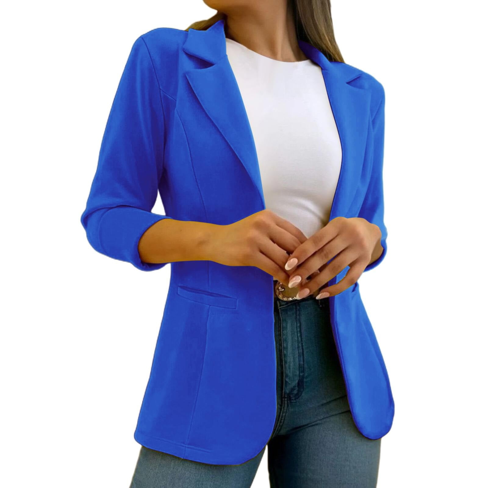 Blazers for Women Suits Autumn and Winter Solid Color Simple Long Sleeve Suit Collar Coat Blazers for Women Business Casual Blue L