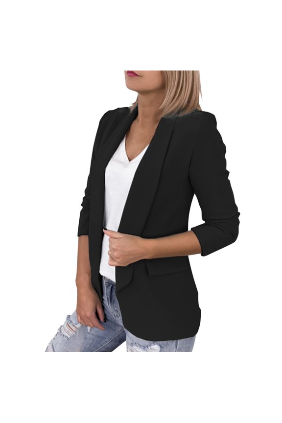 Blazers for Women Suits Solid Colour Lapel Pocket Suit Jacket Blazers for Women Business Casual Black M