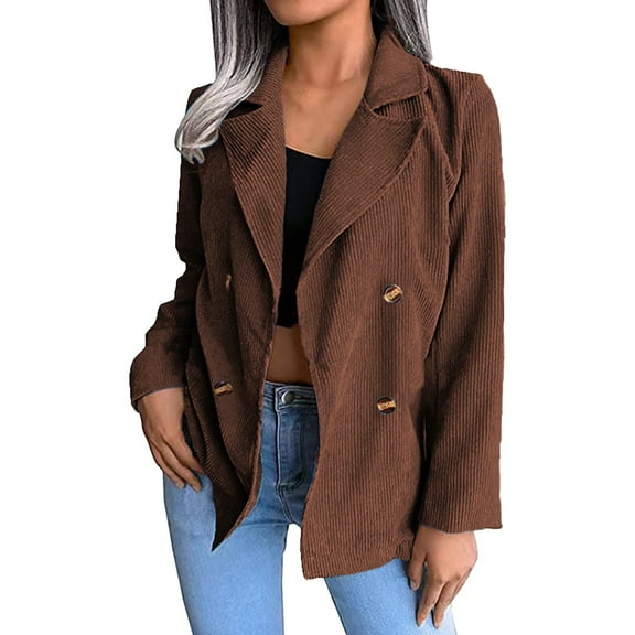 Uooqdmx Blazers for Women Suits Solid Corduroy Autumn and Winter Suit Collar Double Breasted Blazers for Women Business Casual Coffee M