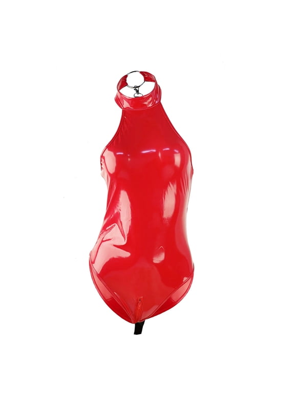 Bodysuits for Women âs Faux Leather Leotard Shiny Zipper Bodycon Costume Jumpsuit Corset Red 3XL