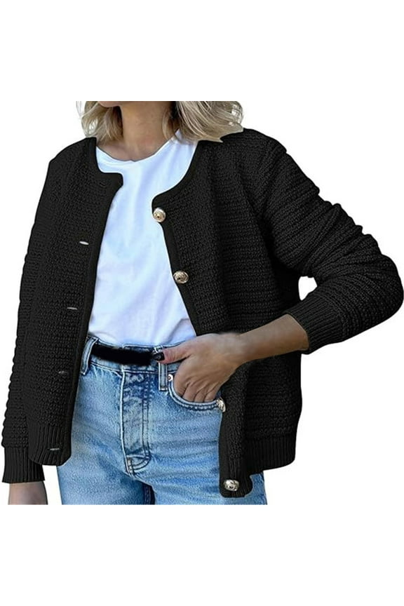 Cardigan Sweaters for Women Cropped Cardigan Crew Neck Button Up Cardigan Short Sweater Jacket with Pockets Cardigan Sweaters for Women Lightweight Black M