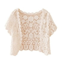 Uooqdmx Cropped Summer Cardigan, Lace Cardigan, Cropped Crochet Cardigan, Cotton Shrug, Lightweight Cardigans for Women, Beige A