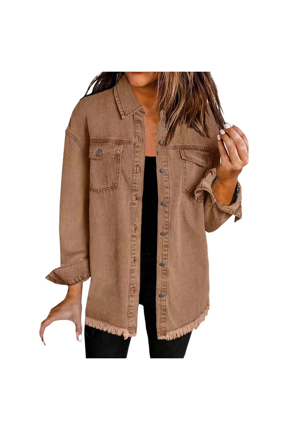 Denim Jacket Jeans Jacket for Women Plus Size Denim Jacket Washed Denim Shirt Jacket Fashion Casual Hem Jacket Going Out Tops for Women Brown XXL