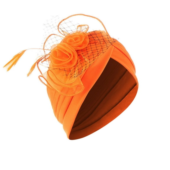 Uooqdmx Fascinators Hats for Women, Tea Party Hats for Women, Feather Headpiece, Mesh Ruffle Hat Cap Floral Muslim Wrap Baseball Caps, Fancy Hats for Women Tea Party, Orange One Size