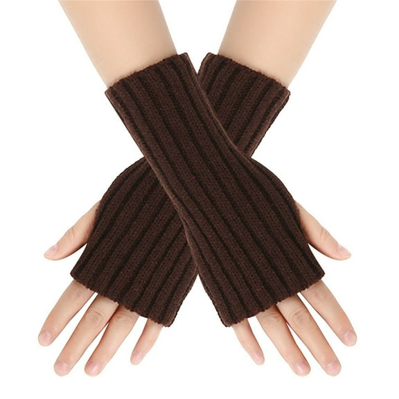 Uooqdmx Fingerless Gloves Arm Warmers Solid Color Wool Short Striped Knit Half Finger Gloves Mitten Fingerless Arm Gloves for Cold Weather Coffee A