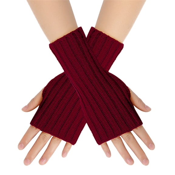 Uooqdmx Fingerless Gloves Arm Warmers Solid Color Wool Short Striped Knit Half Finger Gloves Mitten Fingerless Arm Gloves for Cold Weather Red 2 A