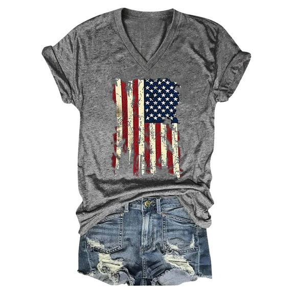 Uooqdmx Fourth of July Shirts for Women, V Neck Tops for Women, Womens T Shirts Loose Fit, Independence Day Tops for Women, American Flag Shirt, Gray L
