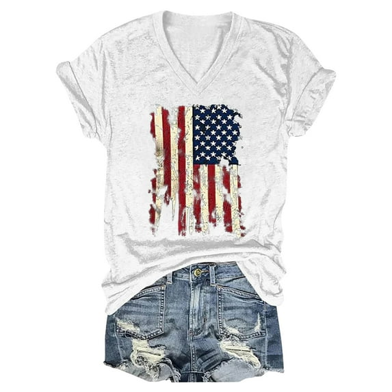 Uooqdmx Fourth of July Shirts for Women, V Neck Tops for Women, Womens T Shirts Loose Fit, Independence Day Tops for Women, American Flag Shirt, White XL