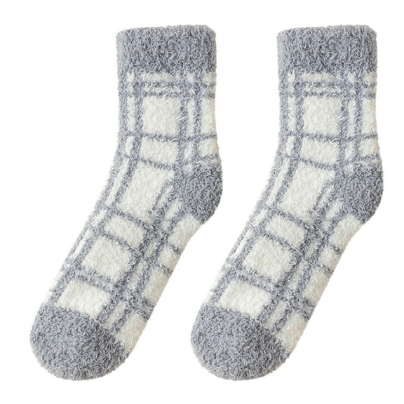 Uooqdmx Fuzzy Socks for Women, Crew Socks, Checkered Socks, Plaid Plush Winter Sleeping Socks House Socks, Sleep Socks, Gray One Size