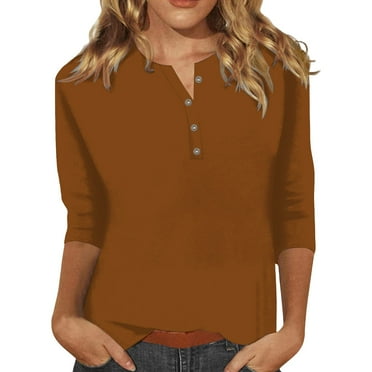 Clearance!Uooqdmx Going Out Tops for Women Fall Clothes Fashion Button Up Three Quarter Sleeve Solid Color T Shirt Top Tunic Tops for Women Loose Fit Dressy Brown M