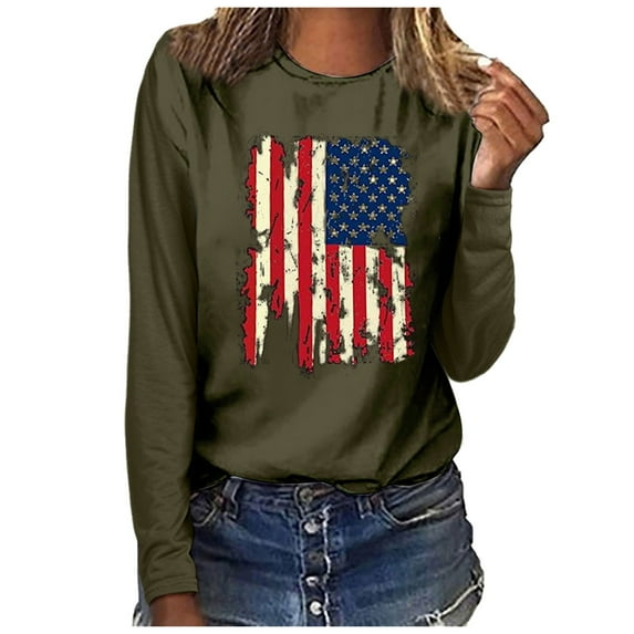 Uooqdmx Going Out Tops for Women, Red White and Blue Tops for Women, Long Sleeve Shirts for Women, Independence Day Shirt Women, 4th of July Shirts Women, Army Green L