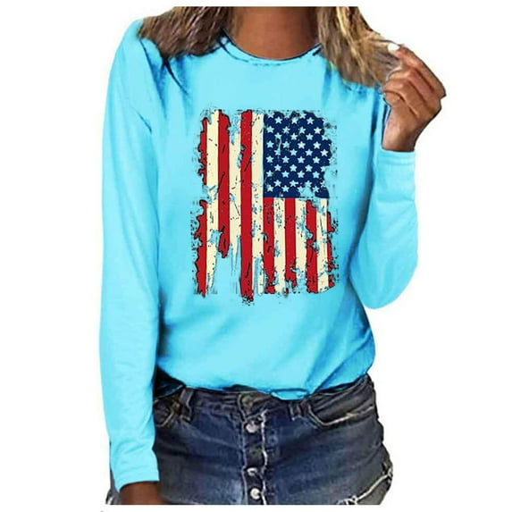 Uooqdmx Going Out Tops for Women, Red White and Blue Tops for Women, Long Sleeve Shirts for Women, Independence Day Shirt Women, 4th of July Shirts Women, Sky Blue 3XL