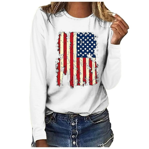 Uooqdmx Going Out Tops for Women, Red White and Blue Tops for Women, Long Sleeve Shirts for Women, Independence Day Shirt Women, 4th of July Shirts Women, White M