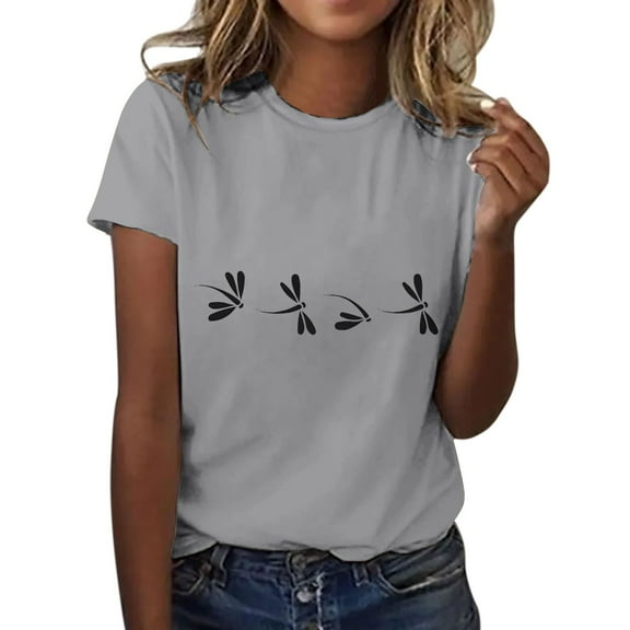 Uooqdmx Graphic Tees, Dragonfly Shirts for Women, Summer Shirts for Women, Round Neck T Shirt Lightweight Soft Casual Summer Clothing, Going Out Tops for Women, Gray M