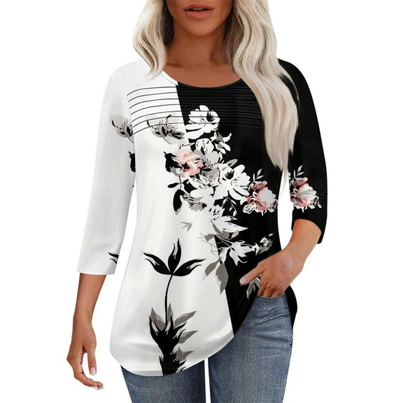 Uooqdmx Graphic Tees for Women, 3/4 Length Sleeve Womens Tops, Floral Tops for Women, Pleated Tops for Women Business Work Tunic Blouse, Spring Tops for Women, Black XXL