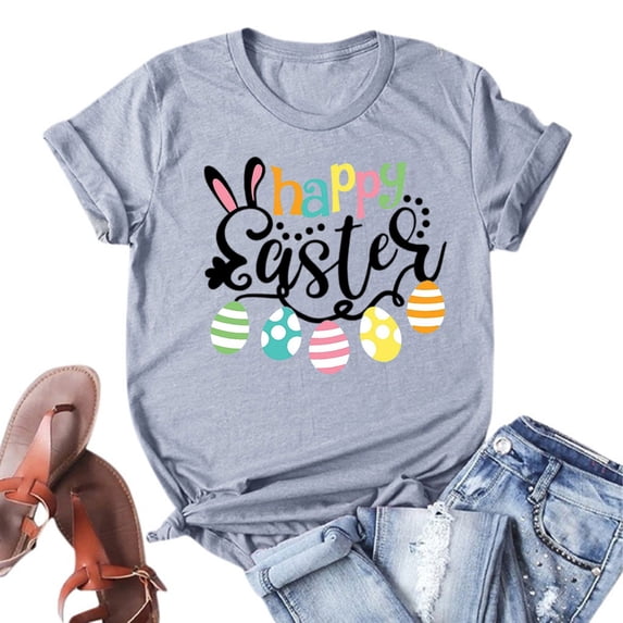 Uooqdmx Graphic Tees Women, Crew Neck Shirts, Summer Tops, Easter Day Short Sleeve Crewneck Cute Rabbit Letter Printed T Shirts Casual Tee Tops, Easter Outfit Women, Gray XL