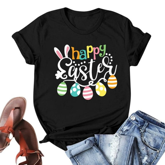 Uooqdmx Graphic Tees Women, Easter Shirt, Plus Size Tops for Women, Cute Rabbit Letter Printed T Shirts Casual Tee Tops, Spring Shirts for Women, Black L