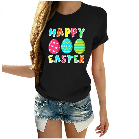 Uooqdmx Graphic Tees Women, Easter Shirt, Plus Size Tops for Women, Easter Eggs Happy Easter Print Men and Loose Plus Size Short Sleeves, Spring Shirts for Women, Black L