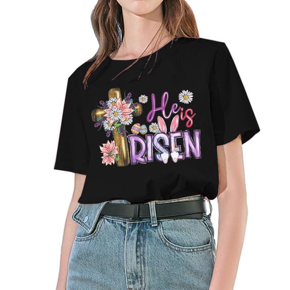 Uooqdmx Graphic Tees Women, Easter Shirts for Women, Crew Neck Shirts, He is Risen Flower Shirt T Shirt Egg Graphic Tee Top, Summer Tops, Black L